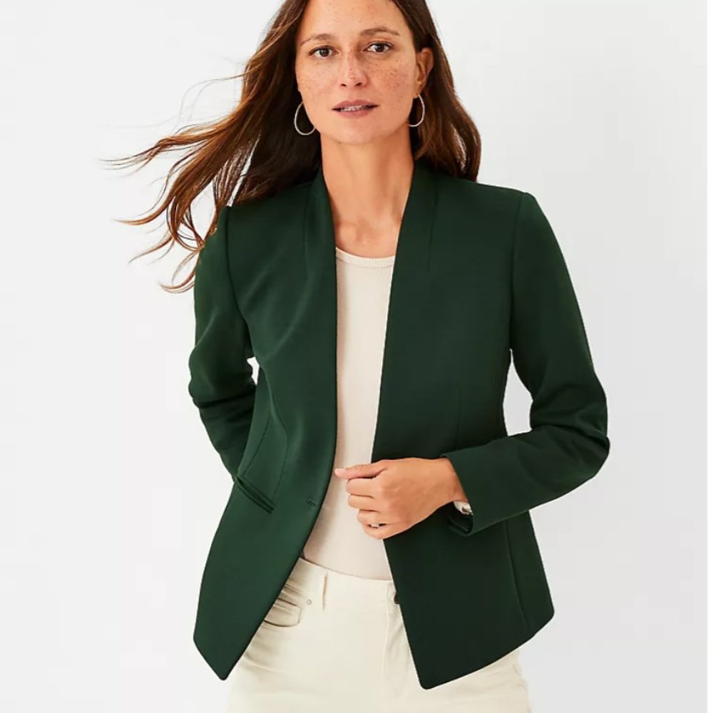 Ann Taylor Cutaway Blazer in Double Knit - Deep Leaf Green